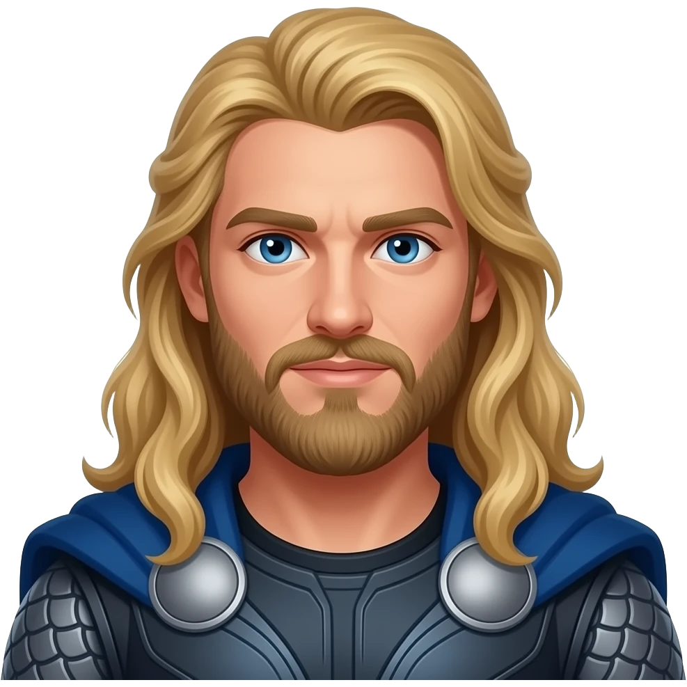 Thor from Norse Mythology with blue eyes, long blonde bearded wavy hair, deep blue cloak emoji