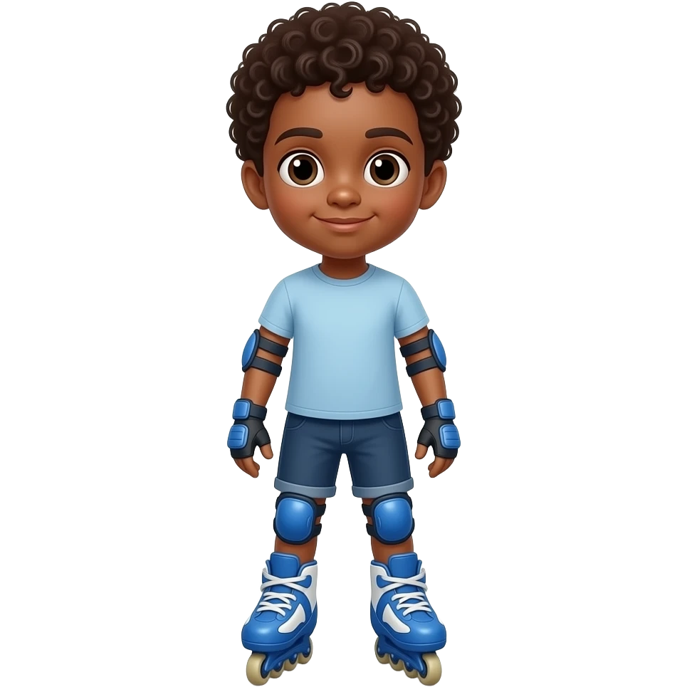 Child black boy curly hair, standing upright, wearing blue elbow pads and knee pads, with blue  roller skates, ready-to-play expression, front-facing pose. emoji