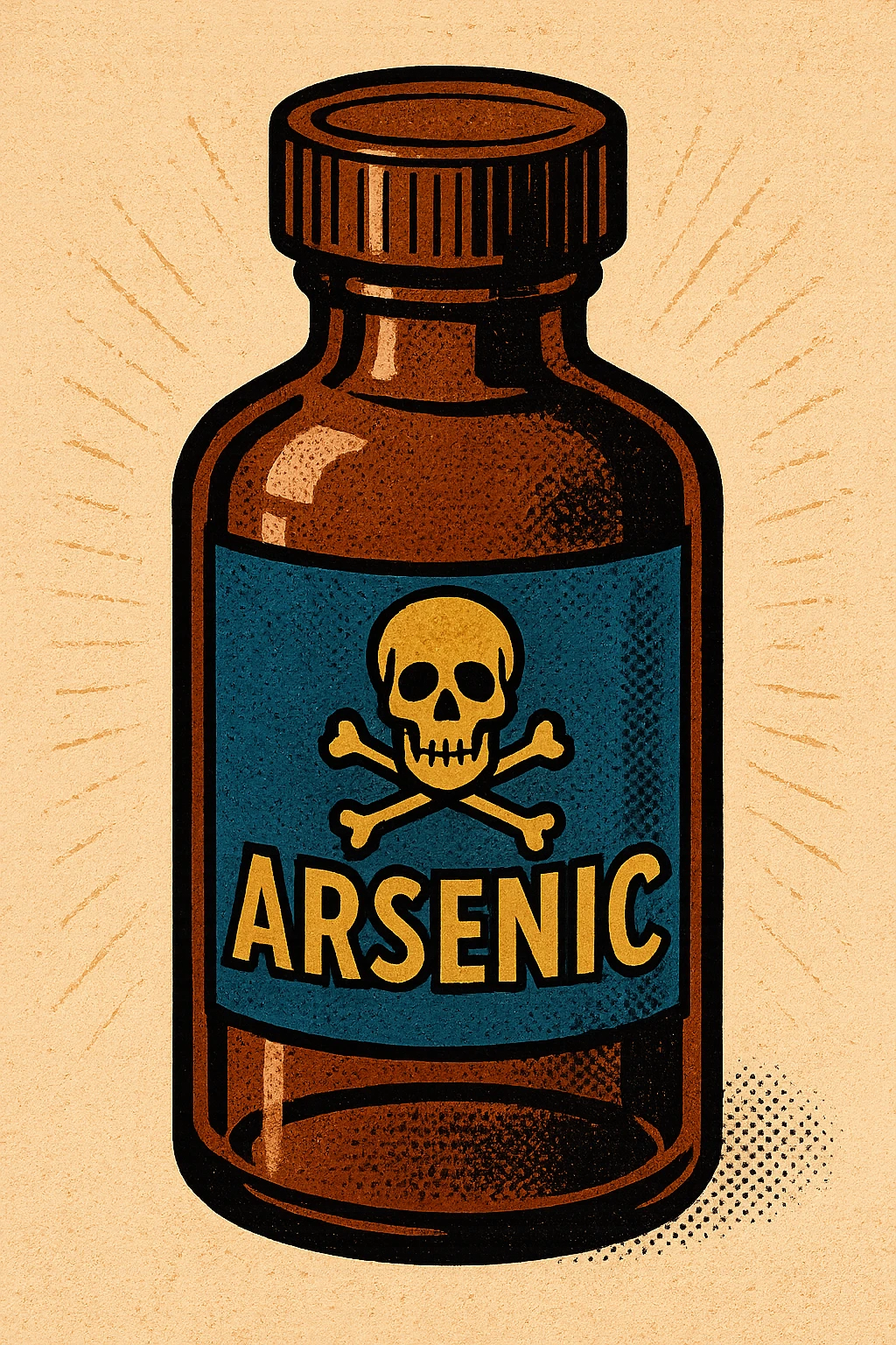A closed medicine bottle with the word arsenic written on the bottle with a poison symbol emoji