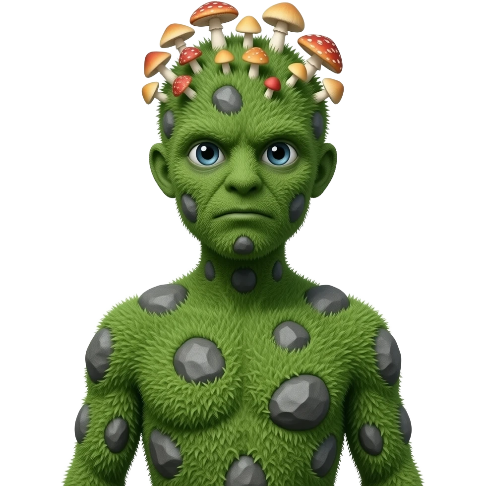 A humanoid thing with grass on it with rocks on it different mushroom growing on its head with no ears no mouth one single eye full body emoji