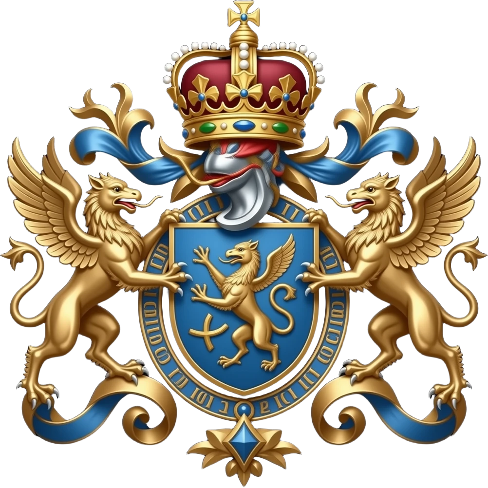 decorated bronze coat of arms with a blue shield and bronze tendrils and ornaments, symmetrical with a royal ornate crown on top and two griffins hovering and supporting the shield, on a black background emoji