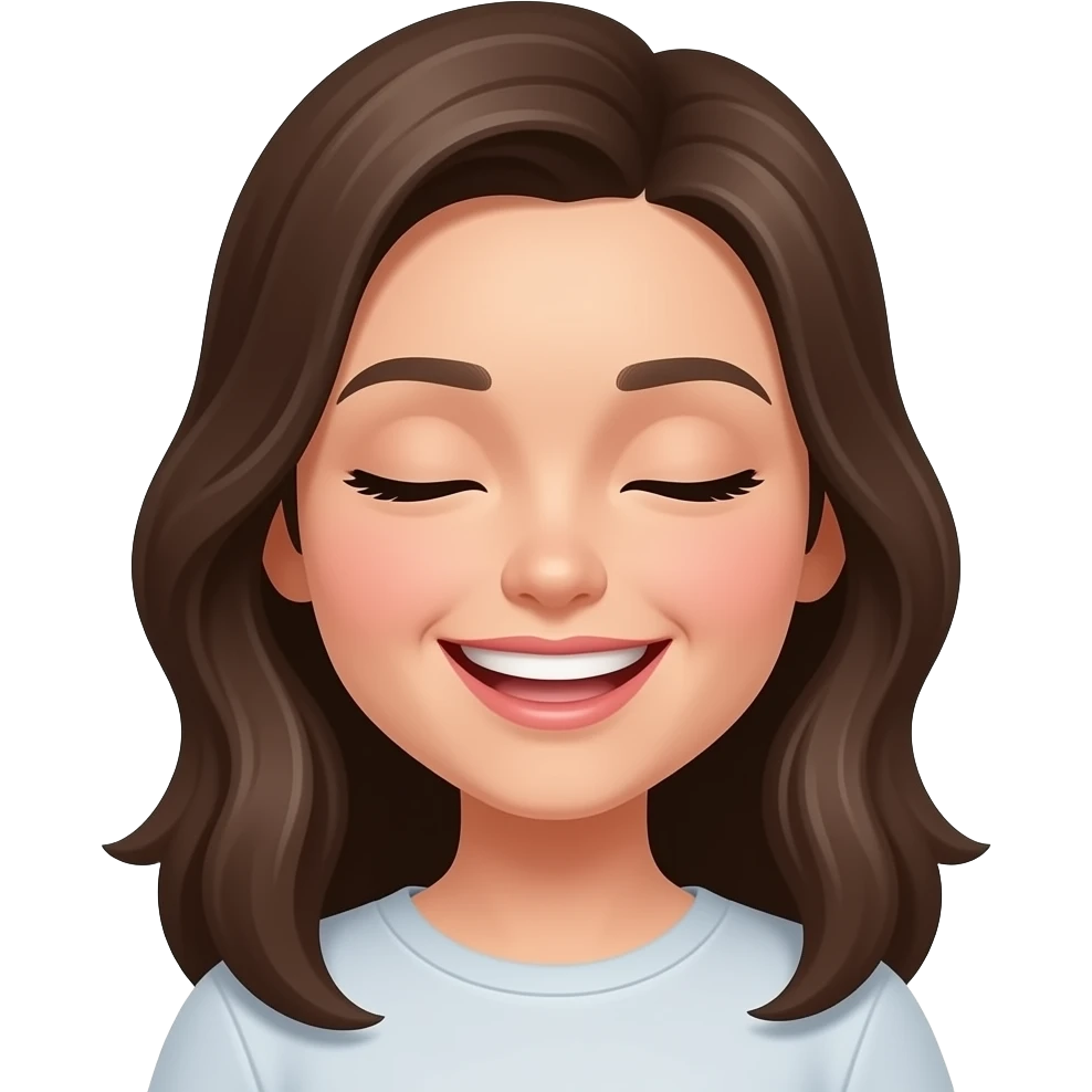 Simple emoji face of a joyful young woman, eyes closed, big smiling mouth with teeth, subtle dimples, clean vector style, bold outlines, flat colors, no background, centered, high contrast, minimal details.” emoji