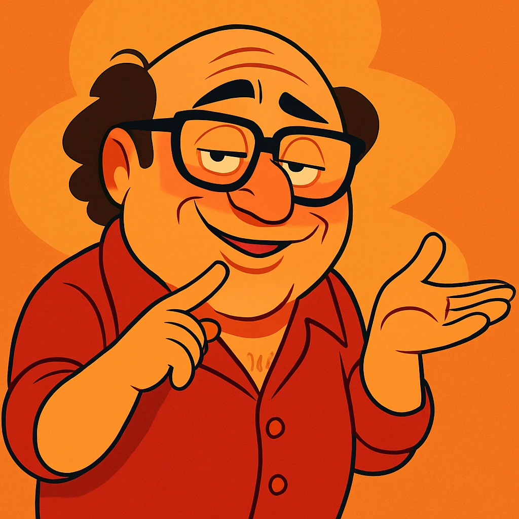 Danny DeVito as a charming, seductive character, smooth lines, warm colors, inviting expression emoji