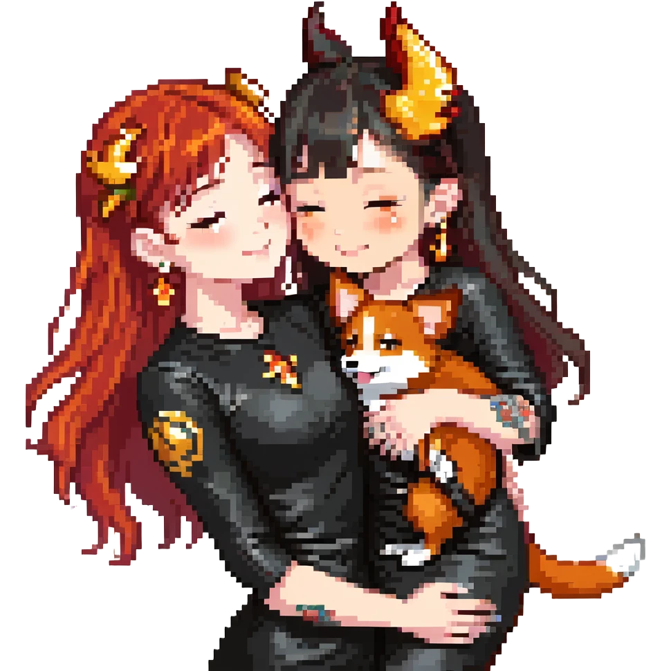 Asian girl with long hair and wispy bangs, black leather dress, gold earrings, subtle false lashes, 3/4 sleeve tattoo with phoenix and dragon on left arm, hugging joyful red head tri-color corgi emoji