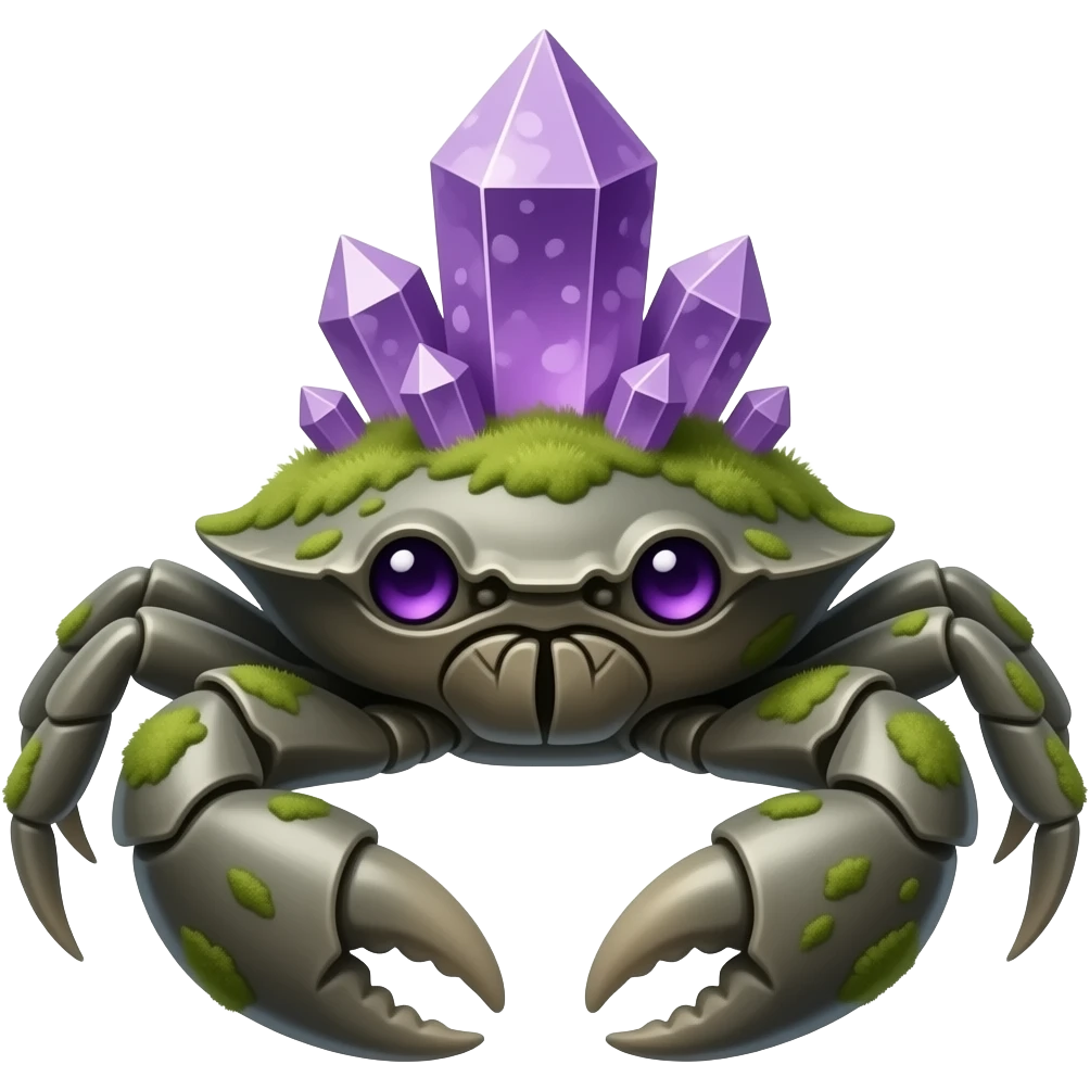 A big Gray crab with moss on its back in with purple crystals on its back and also with purple eyes facing forward emoji