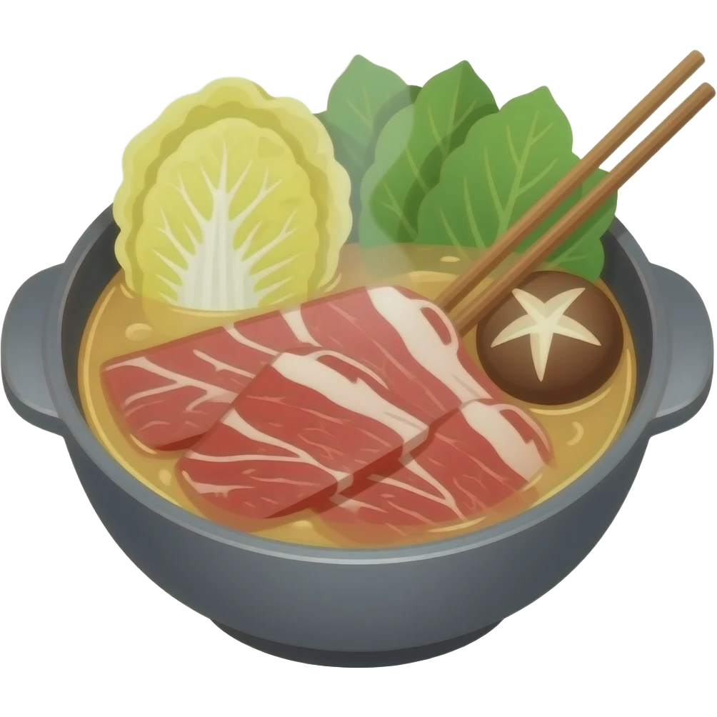 Japanese shabu-shabu hot pot, with thin slices of beef being dipped into a steaming pot of broth. Include fresh vegetables like napa cabbage, mushrooms inside the pot. NO bamboo Light golden broth emoji