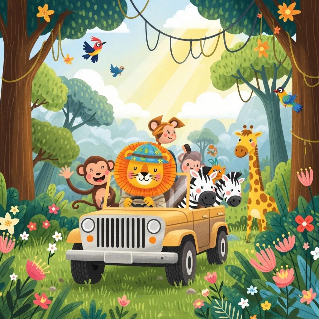digital illustration of jungle safari in the style of children's illustration emoji