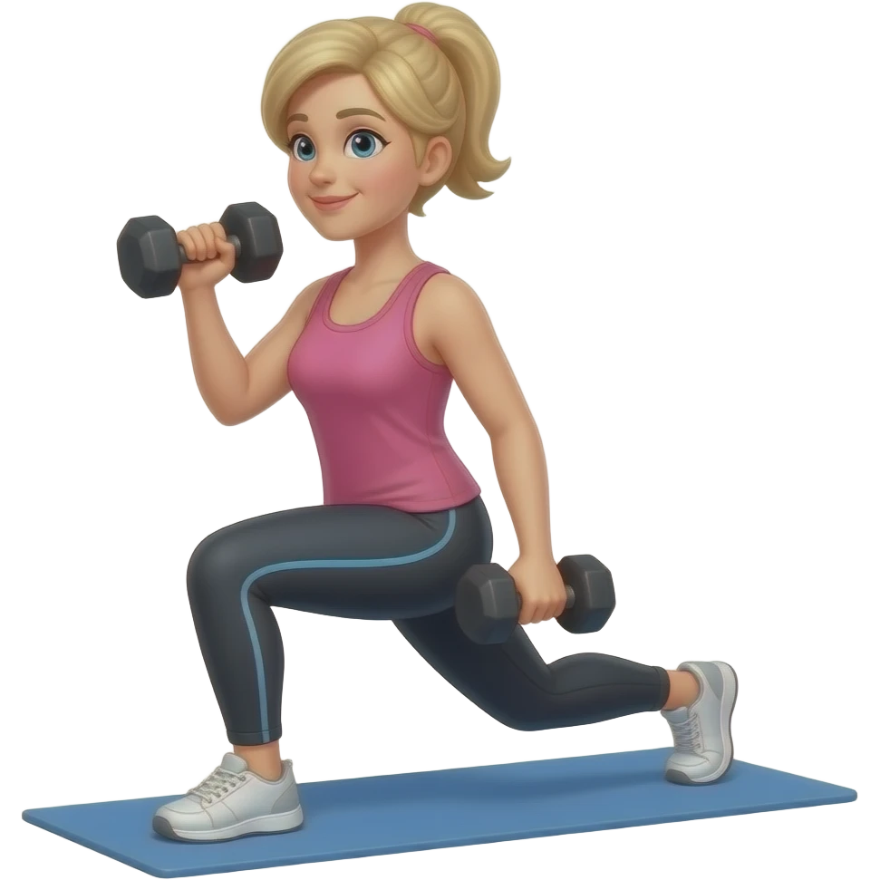 50 year old medium blonde hair woman doing weighted lunges with dumbbells emoji