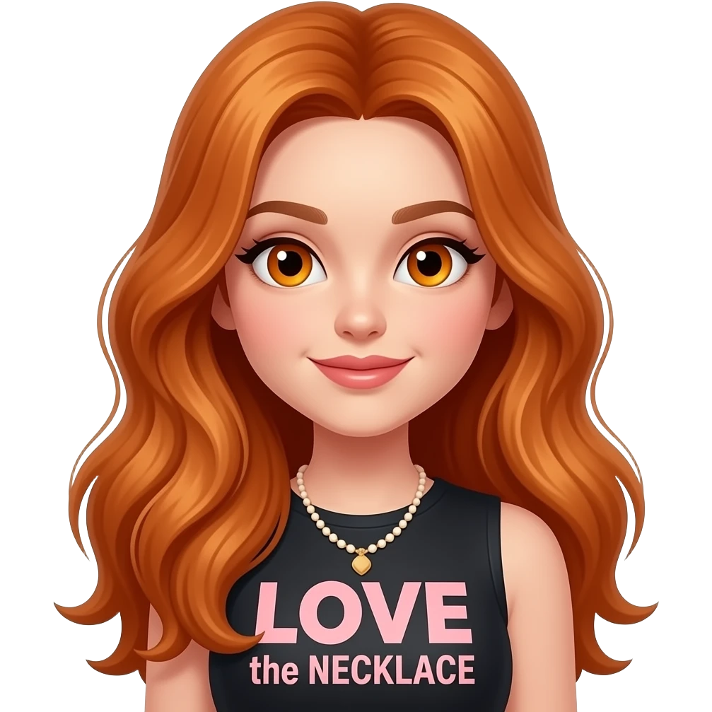 sexy girl with overlong ginger hair and ginger eyes a top with LOVE the NECKLACE written on it emoji