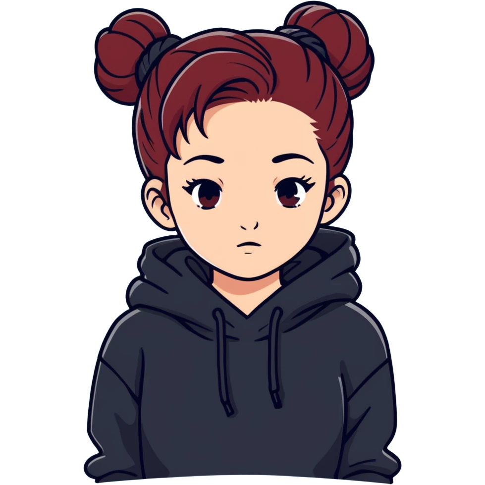 Girl with dark red hair in a messy bun on top of head wearing a black hoodie emoji