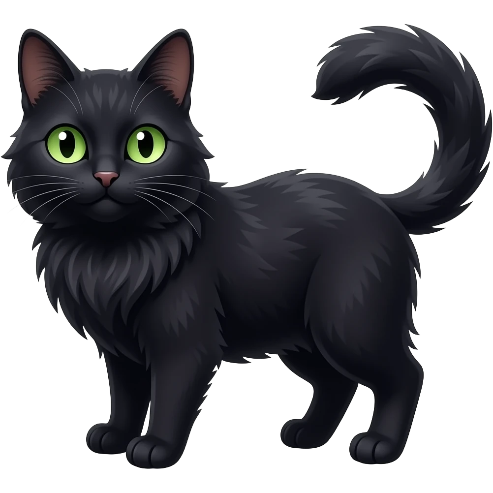 a black long haired cat with green eyes emoji