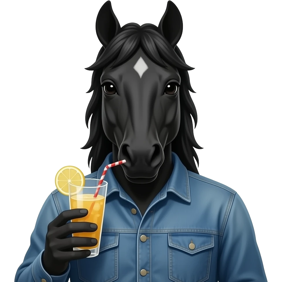 a black horse front view with half body close up holding drink emoji