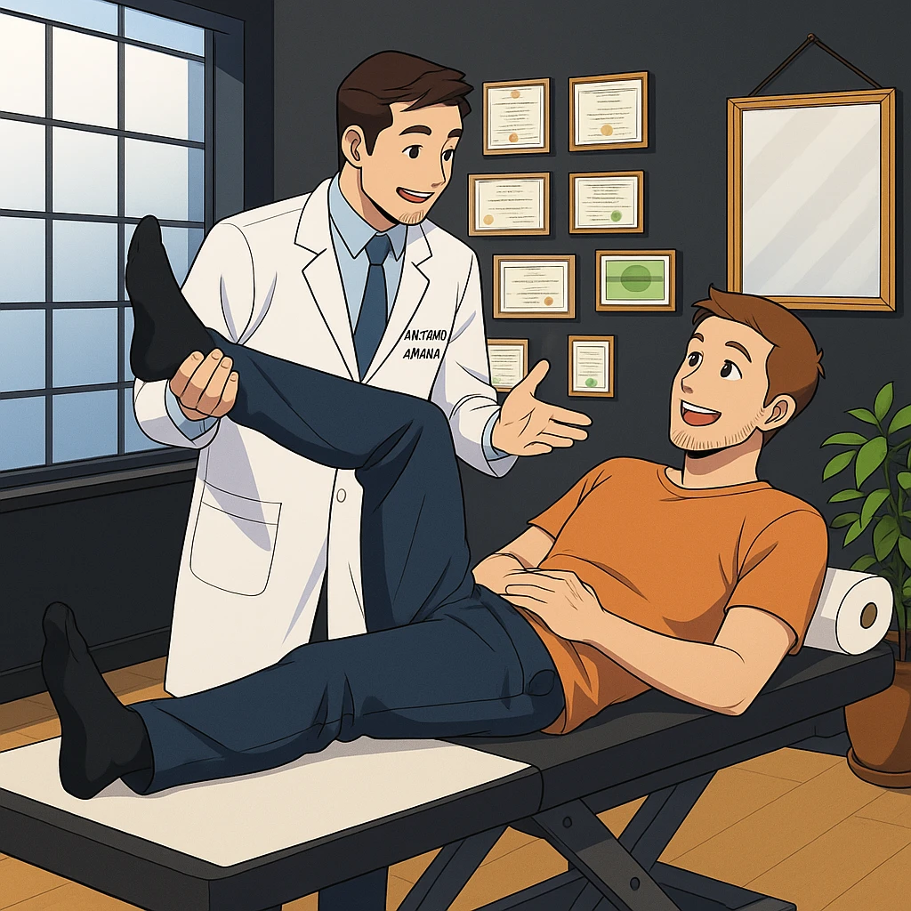 su questo lettino rappresenta un webtoon manga a colori con questo stile, in cui un uomo è steso sul lettino medico e il kinesiologo con il camice bianco (fagli anche la scritta "ANTONIO ANANIA" SUL CAMICE, gli solleva una gamba per fargli il test neuromuscolare, IL KINESIOLOGO SPIEGA ALL'UOMO UNA cosa mentre gli alza la gamba. l'espressione dell'uomo è felice e soddisfatta, non fare i fumetti però, fai solo in modo che sembri stiano parlando emoji