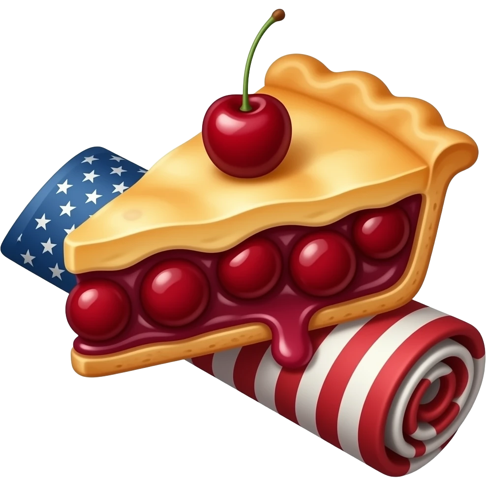 a slice of cherry pie resting on a rolled up old American flag emoji