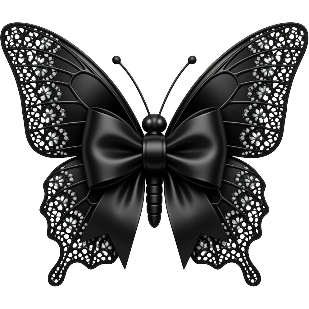borboleta, laço gótico emoji 3D, veludo preto, filigrana prateada, acabamento em renda preta,Sparkling black butterfly emoji