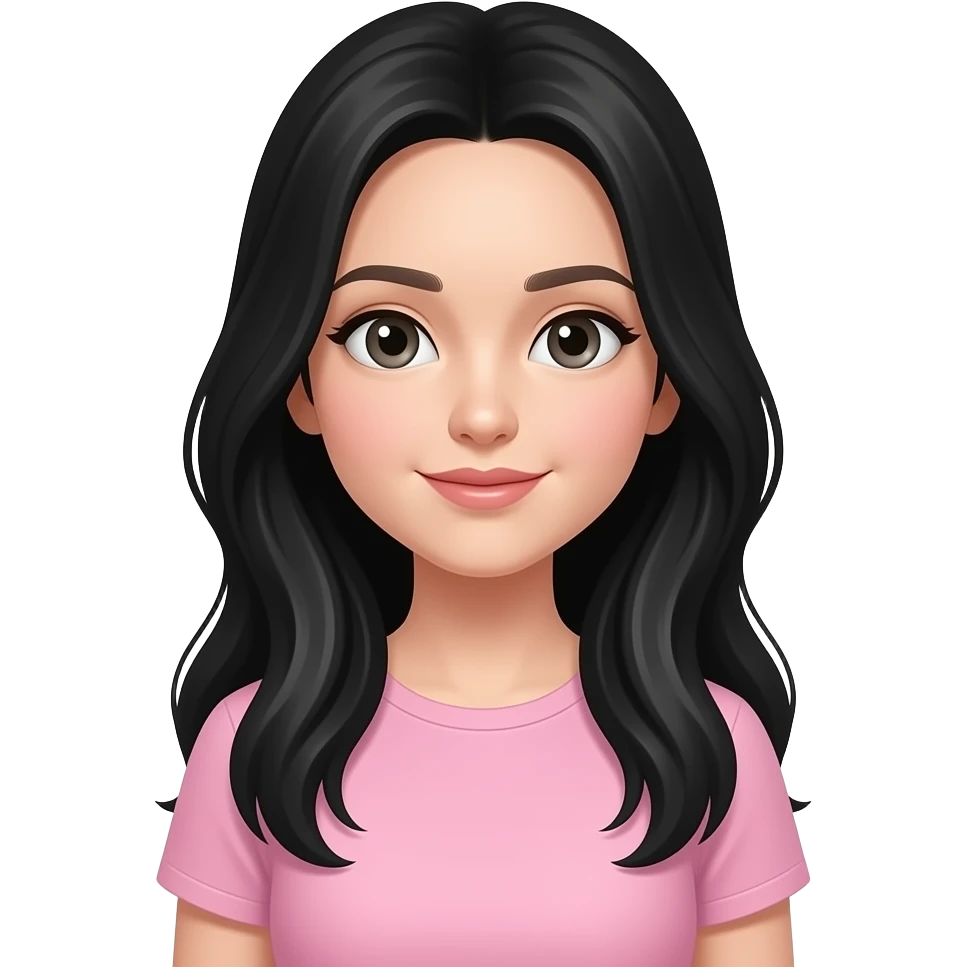 Menina branca com o cabelo preto e longo, usando blusa curta rosa claro emoji