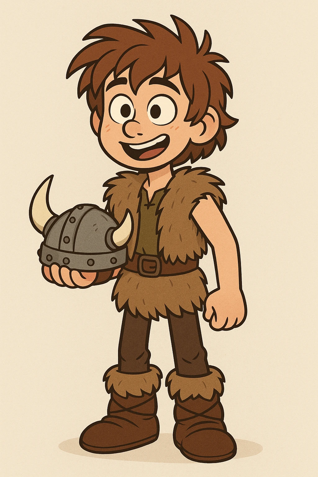 young Viking boy from How to Train Your Dragon, brown hair, wearing fur vest and boots, holding a helmet, colorful cartoon style emoji