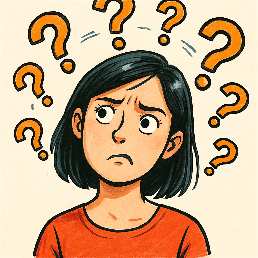confused woman with straight dark hair, head tilted, question marks circling around her, clear expressive style emoji