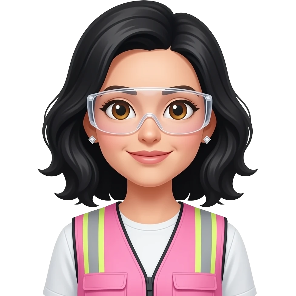 White women with brown eyes with shoulder length black wavy hair wearing diamond earrings wearing pink and clear safety glasses wearing a pink construction vest wearing pink pants emoji