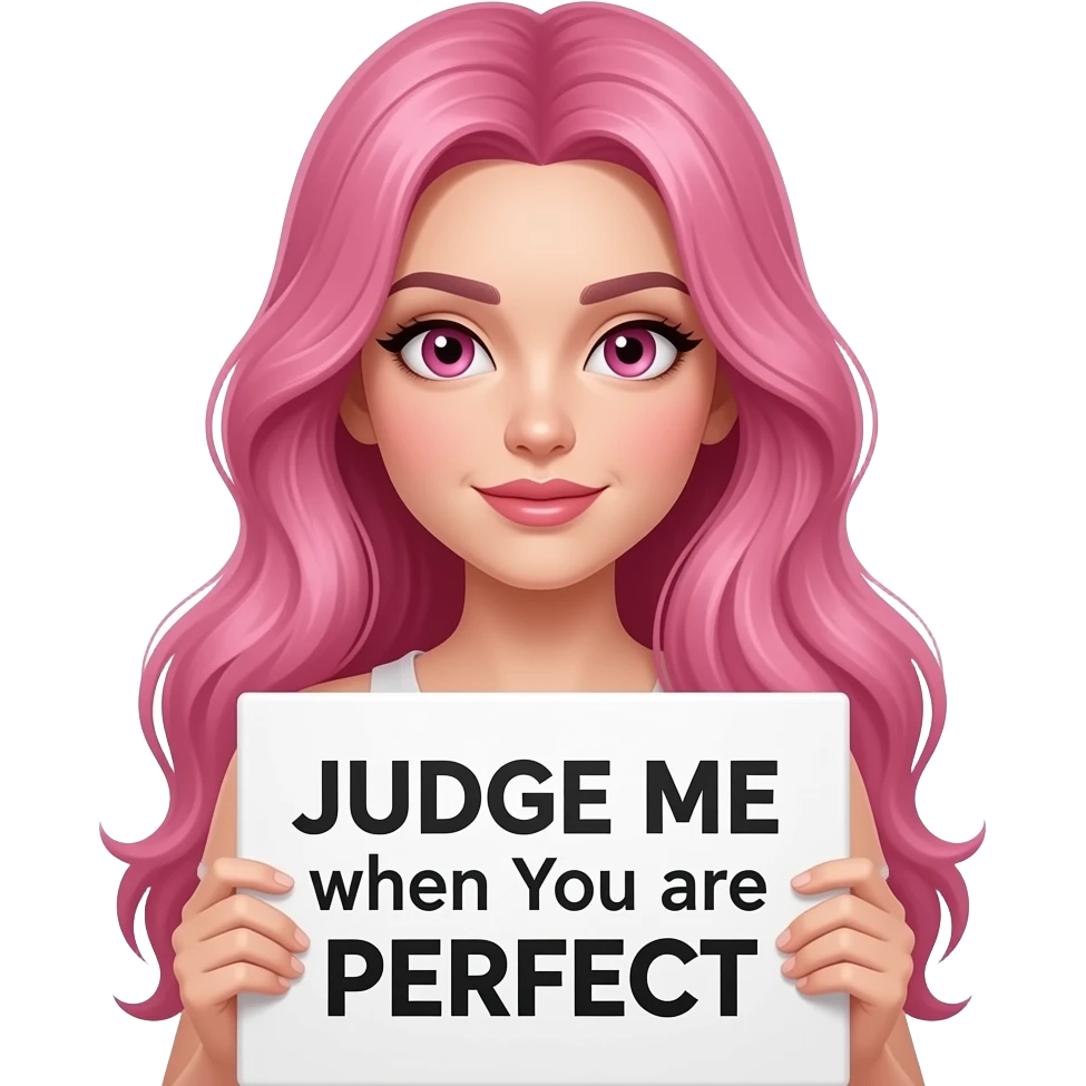 sexy girl with long pink hair and pink eyes holding a JUDGE ME when YOU are PERFECT sign emoji