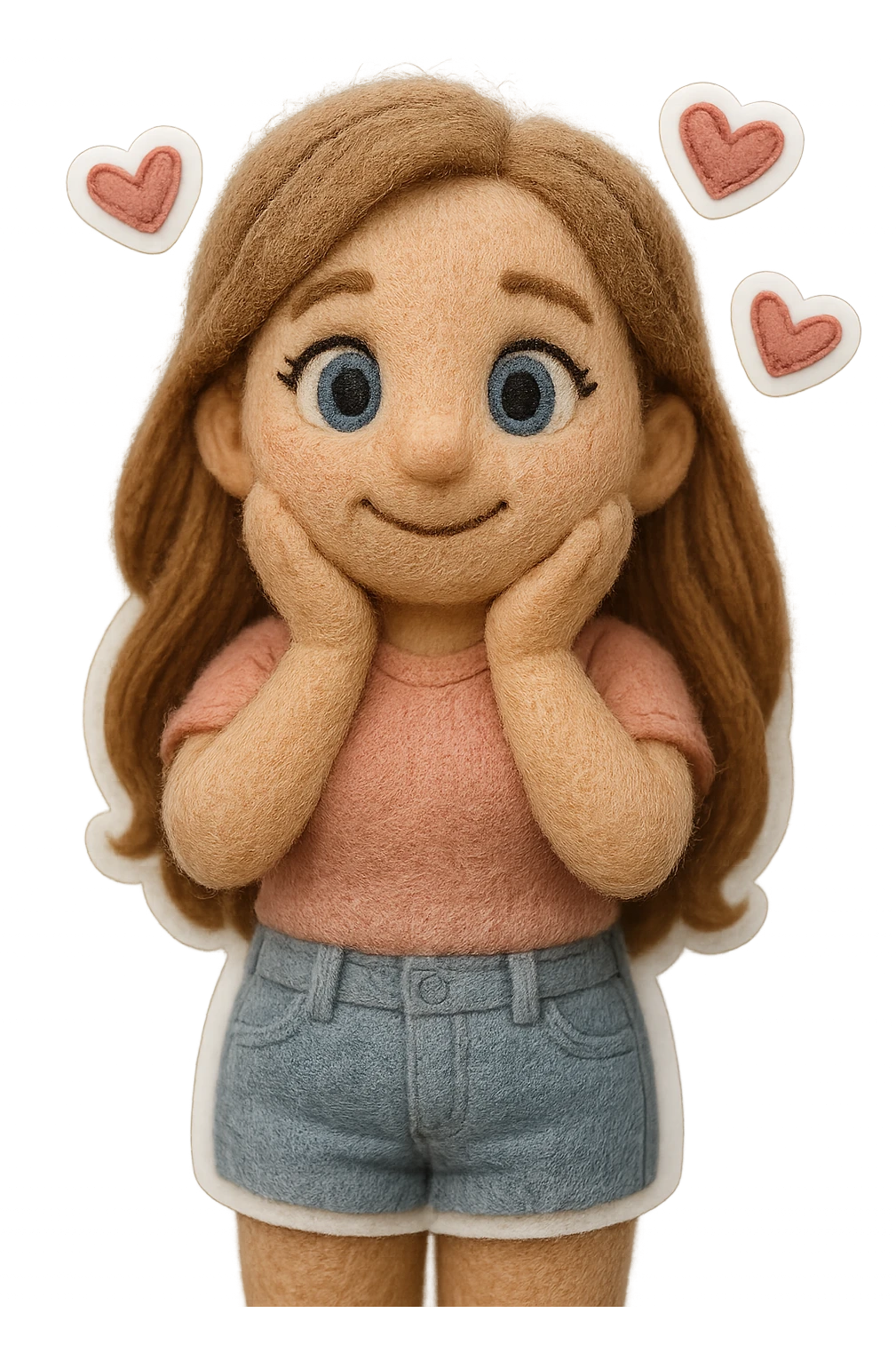 Refine the image to look more like a DreamWorks 3D cartoon style: a 30-year-old woman with long light brown hair below shoulder blades, fair skin, large expressive blue eyes, slight bump on nose, wearing a pastel pink t-shirt and light blue mom jeans. She is in love with hearts around her head, soft light, transparent background, and a white sticker outline. emoji