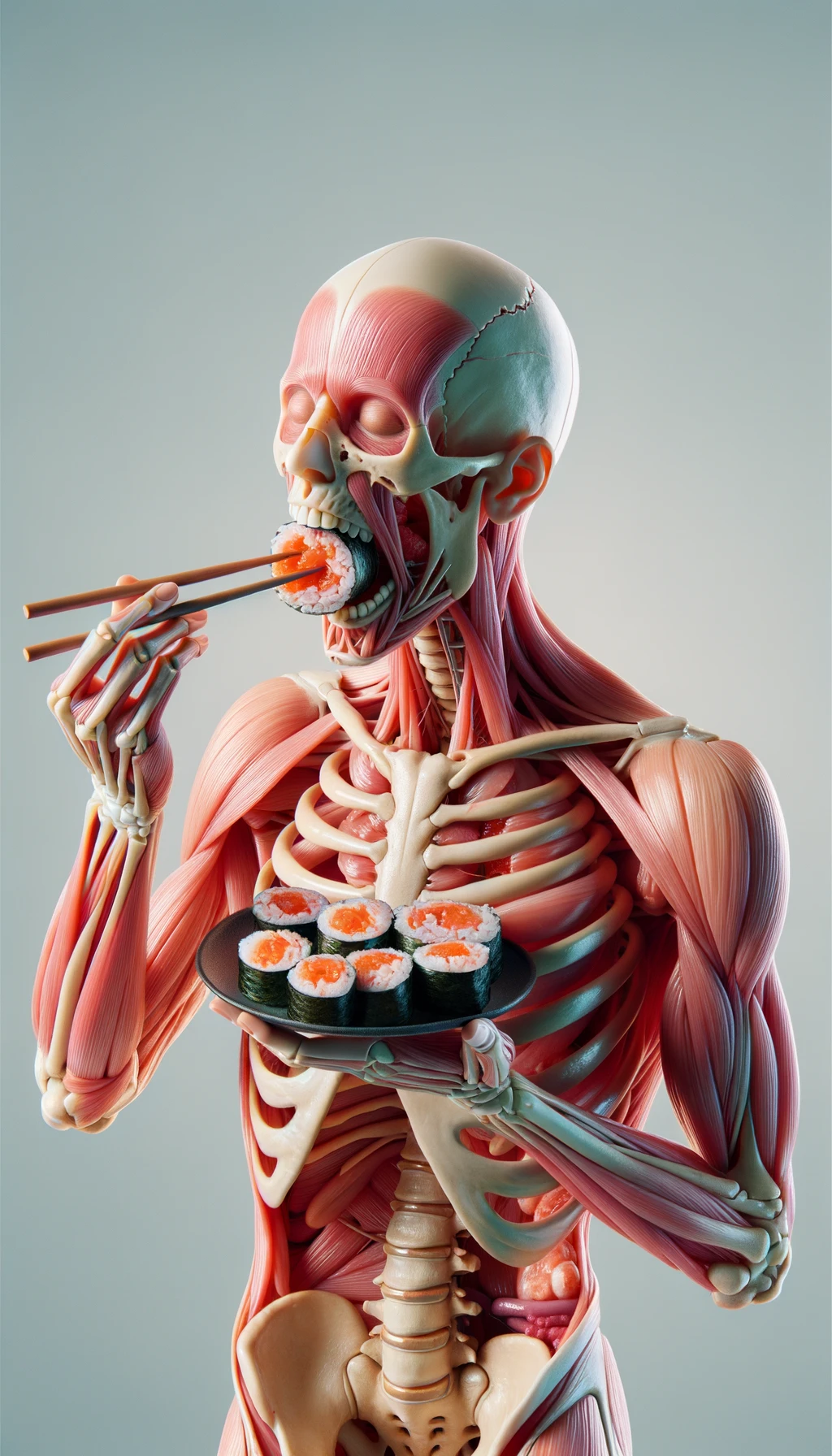 CORPO UMANO ANATOMICO Che mangia sushi crudo, , SFONDO CHIARO, iperrealistico 4k emoji
