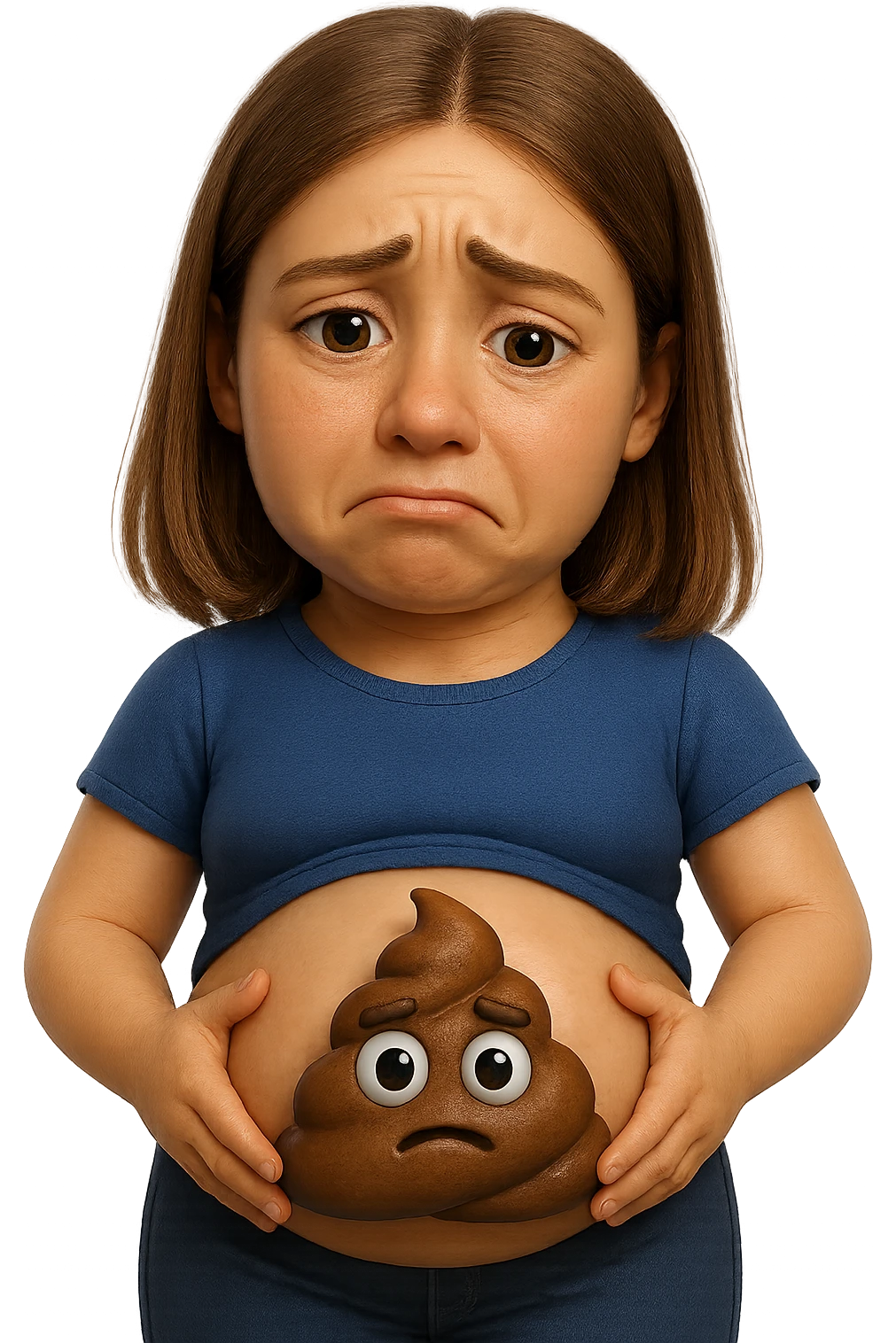 emoji stile iphone di una donna con pancia gonfia piena di cacche con gli occhi, iperrealistico 4k emoji
