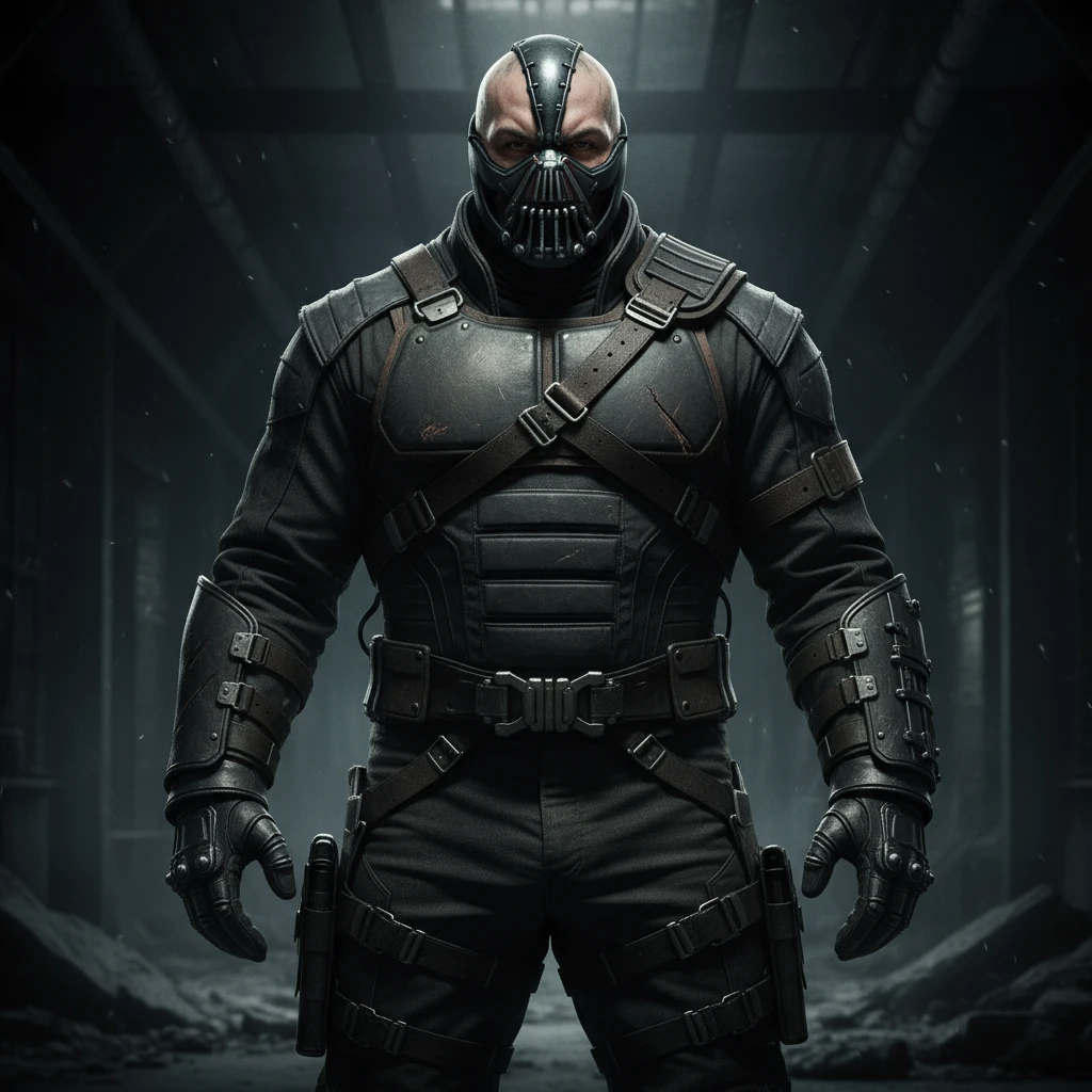 Put this man into the Bane costume from the Dark Knight Rises movie, make it photorealistic and make sure the face is represented lifelike on Banes body and costume emoji