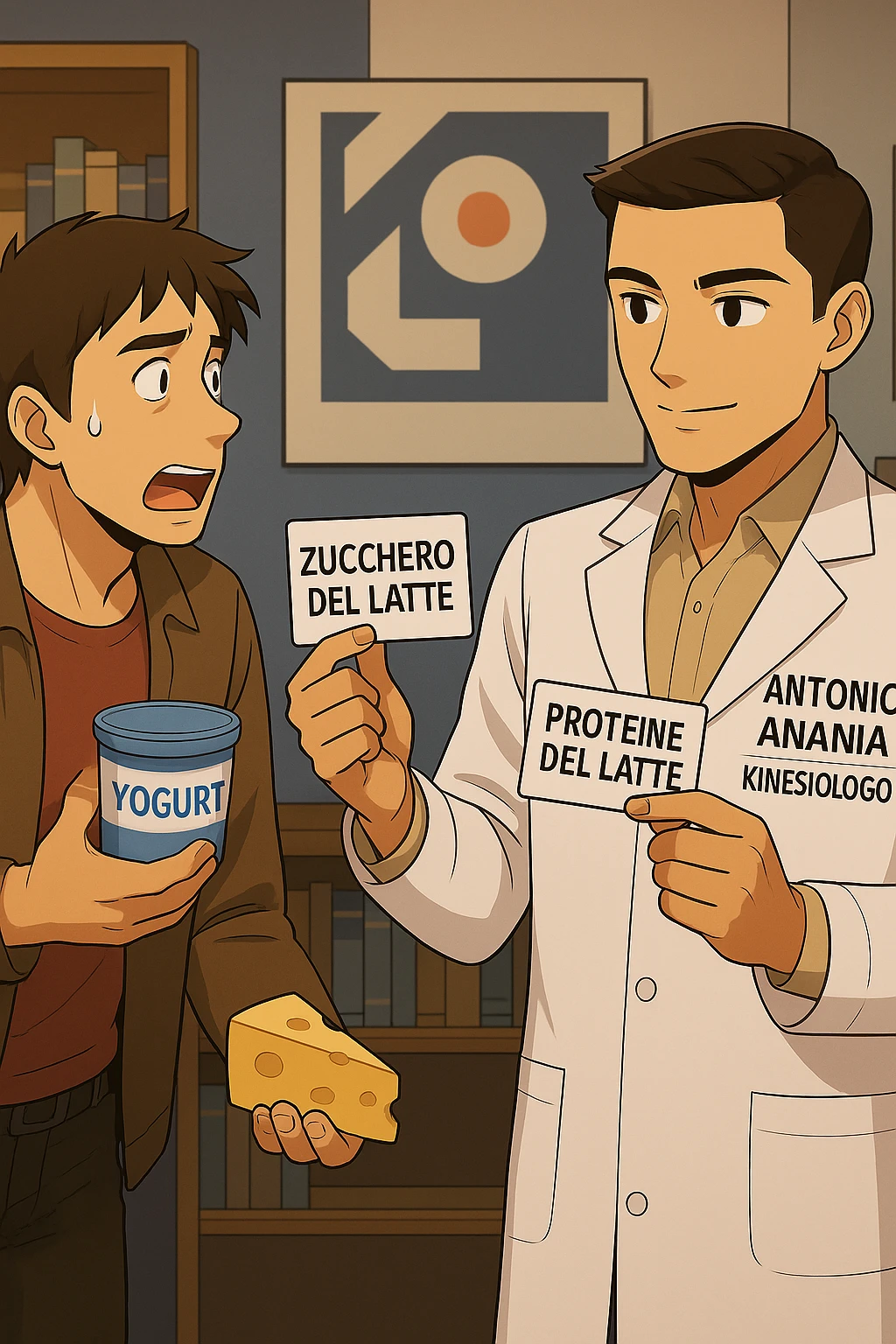 fai un webtoon manga a colori con questo stile, in cui un uomo fa una domanda al kinesiologo con il camice bianco (fagli anche la scritta "ANTONIO ANANIA" SUL CAMICE, l'uomo chiede una cosa mostrando un formaggio e uno yogurt al kinesiologo con il camice, IL KINESIOLOGO annuisce e SPIEGA ALL'UOMO UNA cos. L'UOMO ha un ESPRESSIONE CONFUSA IN VOLTO. non fare i fumetti però, fai solo in modo che sembri stiano parlando emoji