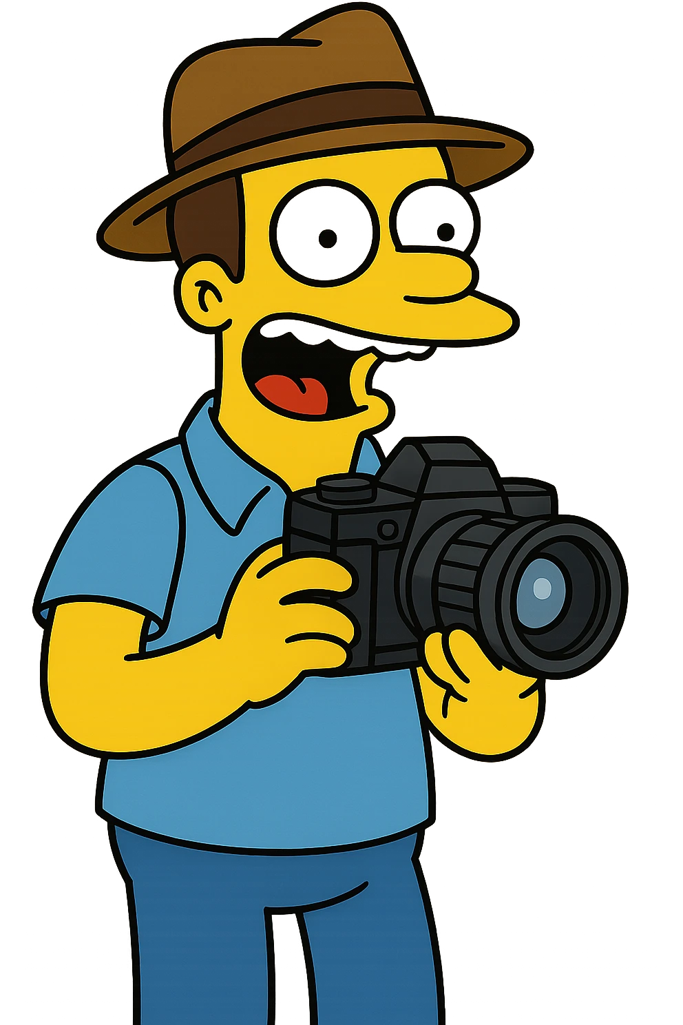 Simpsons-style photojournalist, yellow skin, brown hat, blue shirt, holding a large camera emoji