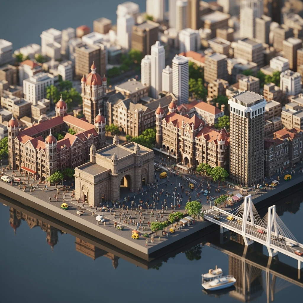 Isometric miniature of Mumbai, 3D miniature effect and Tilt Shift effect, no cartoonish look, transparent background. emoji