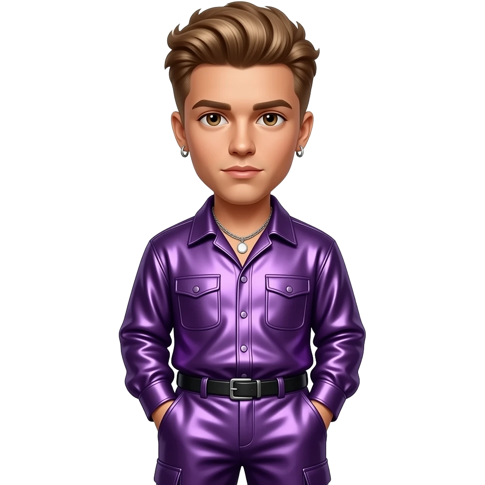 Justin Bieber with light brown hair, brown eyes, purple metallic shirt, dark purple metallic baggy pants, necklace and earrings emoji