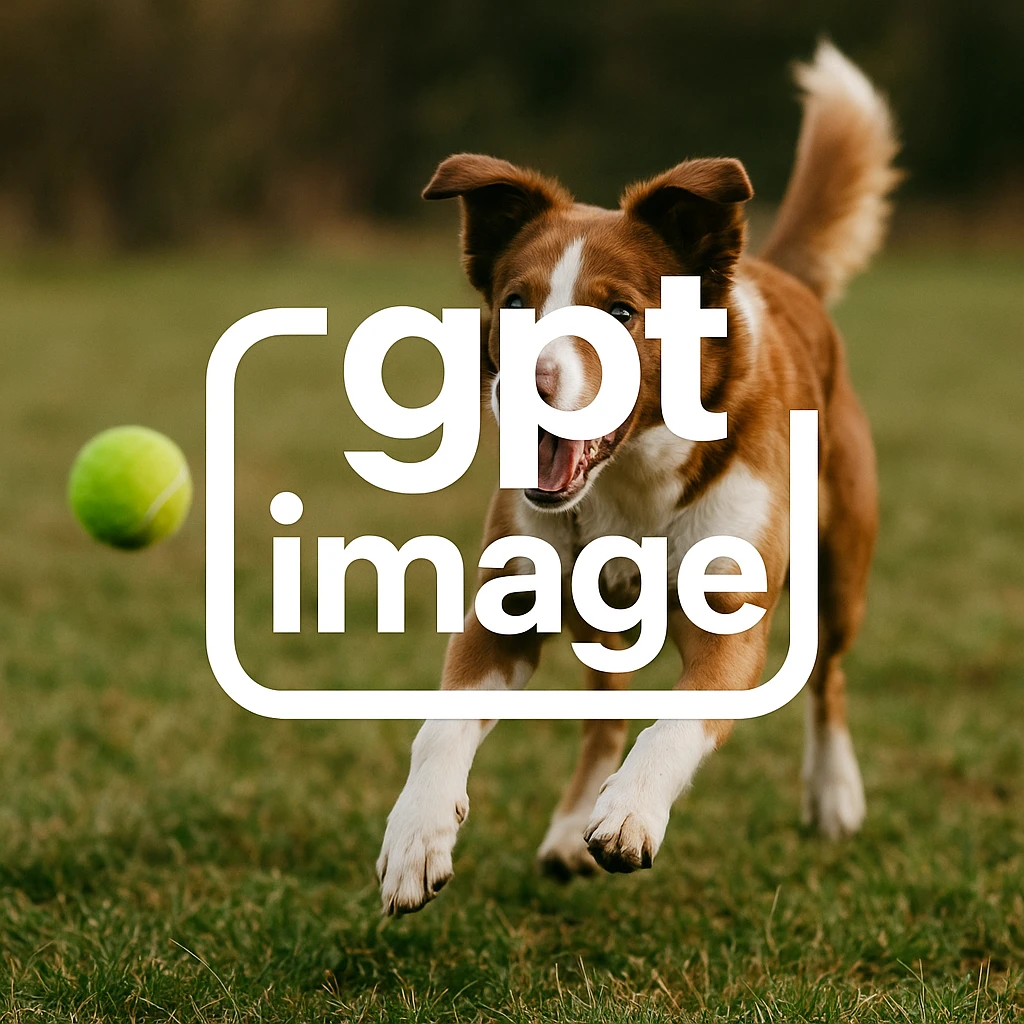  logo with text "gpt image" on the background of a dog chasing ball, realistic image emoji