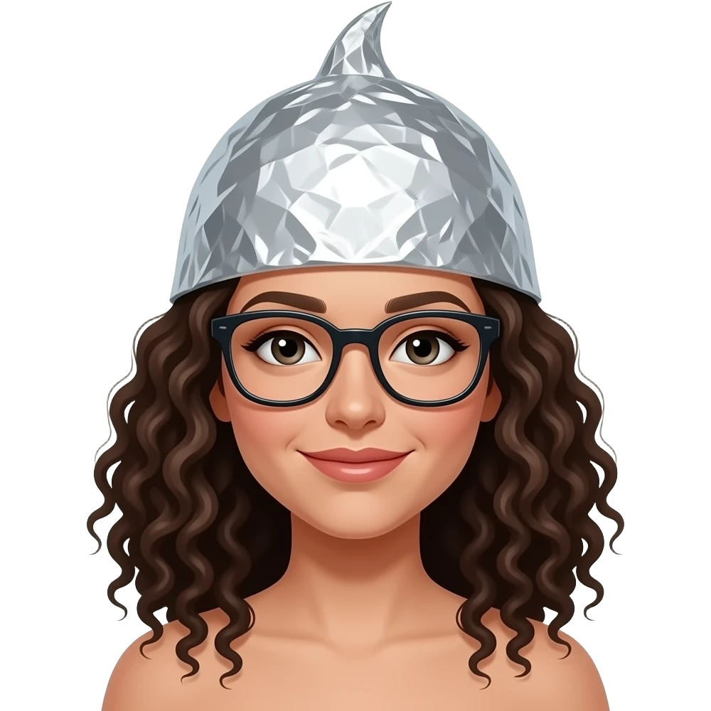 White Female with black glasses curly hair Emoji wearing a tin foil hat emoji