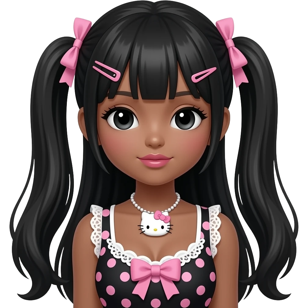 my melody hairclip, dark brown skin, Doll faced shaped, hello kitty necklace, bimbo, black doll eyes, Big lips, long black hair, with white or black lace pink polka dots with gyaru sleeveless shirt, with hime gyaru bows, big breast emoji
