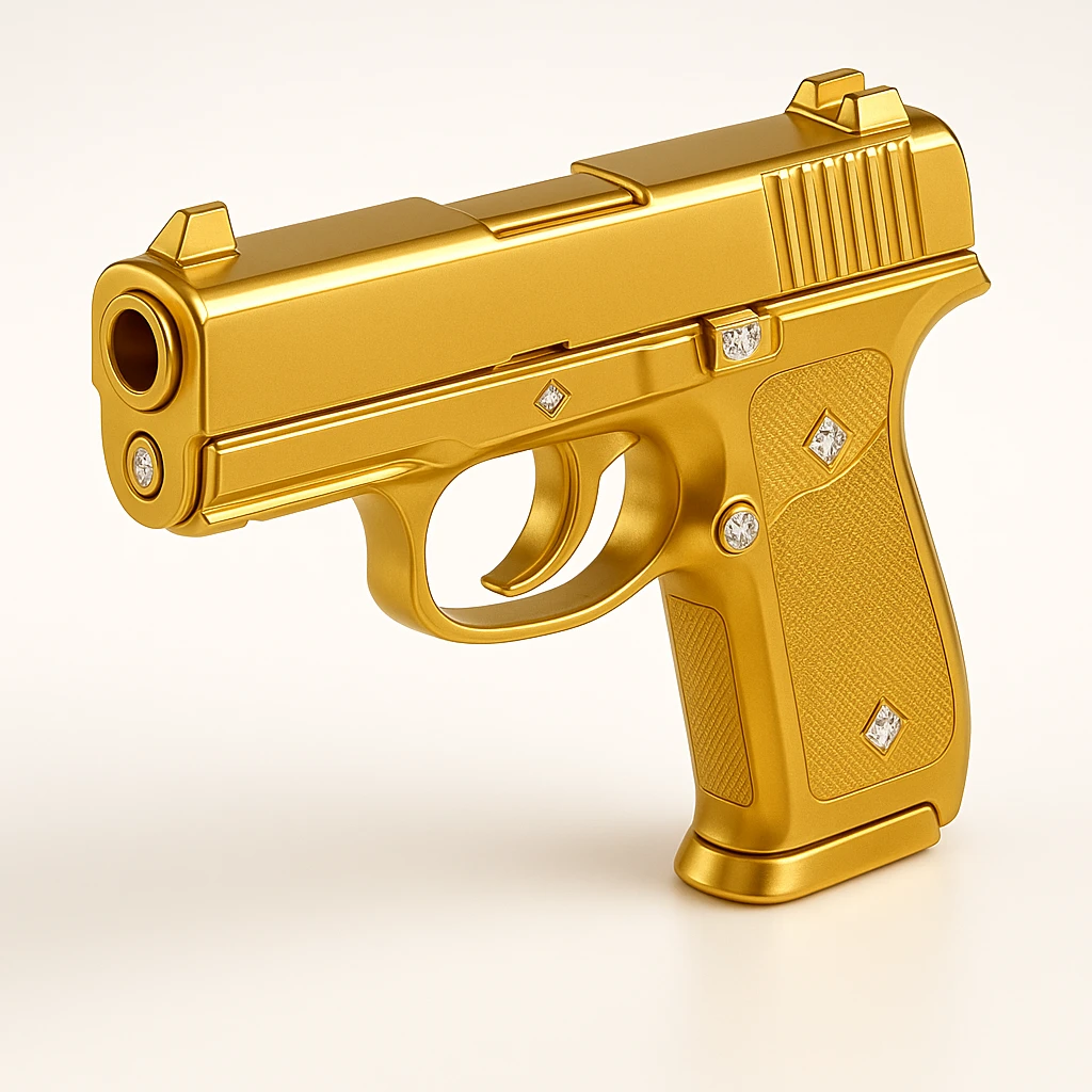 Add diamond details to the golden gun, keep it simple and sleek, in gold objects style. emoji