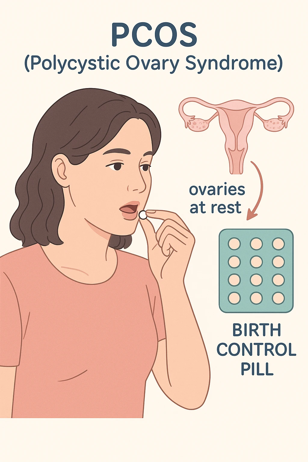 Donna con pcos che prende la pillola, e la pillola mette a riposo le ovaie emoji