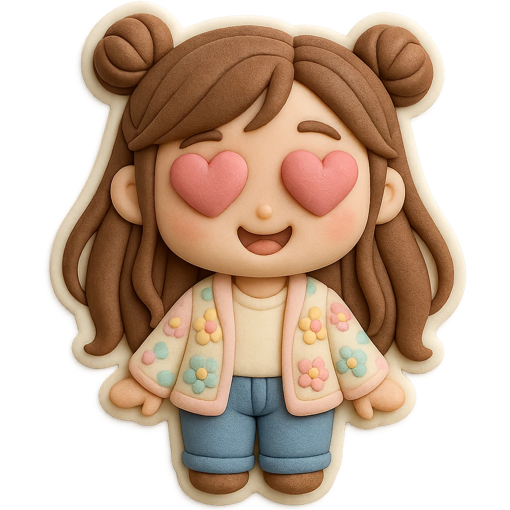 3D chibi fondant cake art style, high-quality rendering with smooth shadows and soft gradients. Girl with long brown hair in two space buns, brown eyes, jeans, pastel floral cardigan, thick white outline like a sticker, transparent background. In love, hearts in her eyes, preserve facial features from reference image. emoji