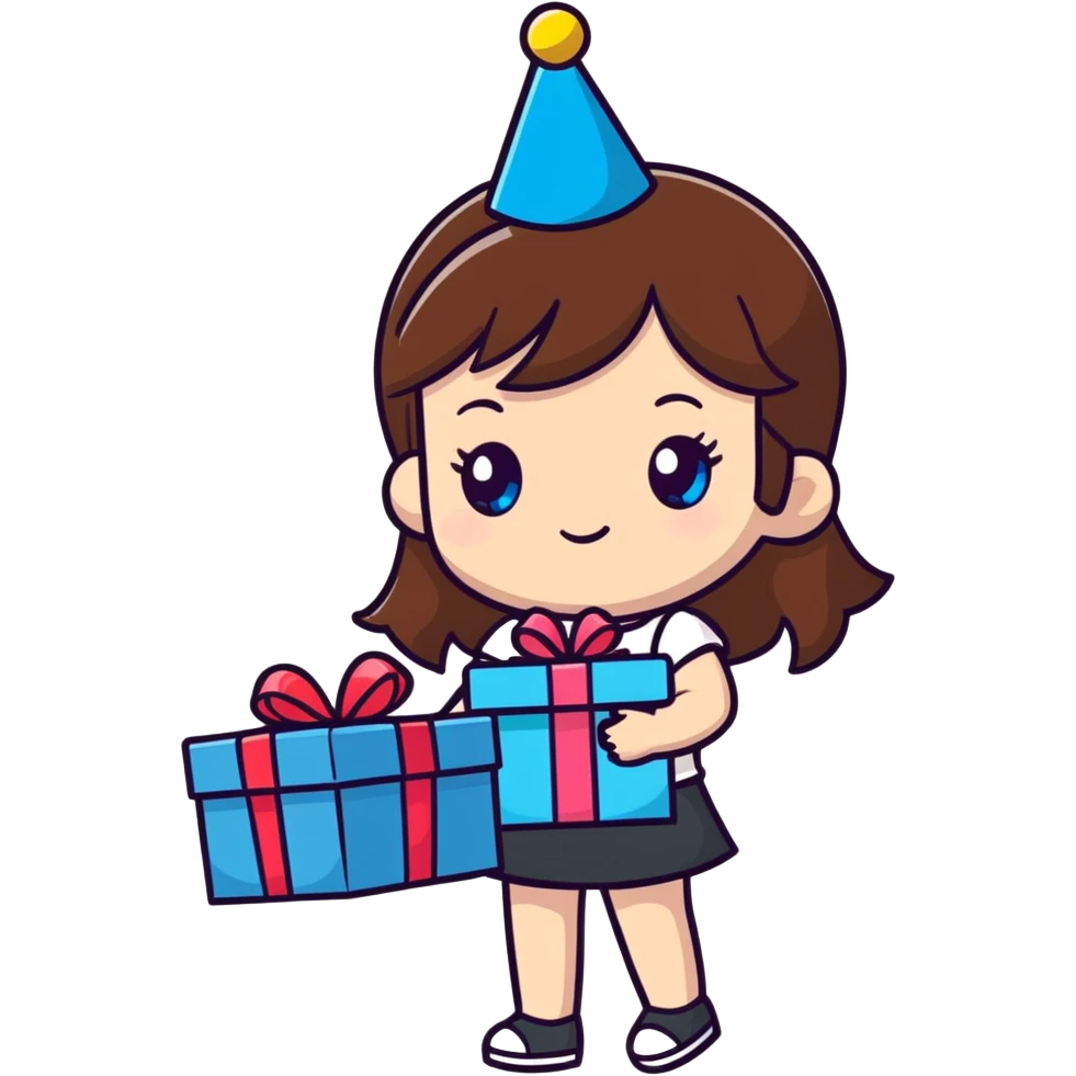 girl with brown hair and blue eyes, holding a present, wearing a birthday hat, cartoonish sticker style emoji