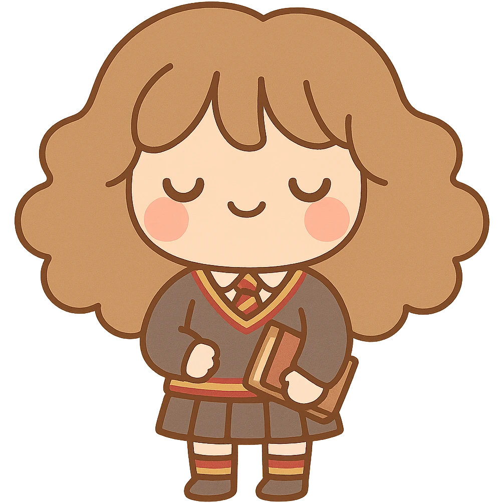 Chibi kawaii, big head, compact body, soft rounded features. Face: closed arc anime eyes, rosy cheeks, subtle smile. Warm, harmonious earthy/pastel palette. Thin sepia outlines. Gryffindor uniform: dark gray V-neck sweater with red/gold stripes, white shirt, striped tie, skirt or pants, matching socks, black shoes. Holding old brown book. Voluminous, wavy chibi hair. Transparent or light background, cel shading, Japanese kawaii stationery style. emoji