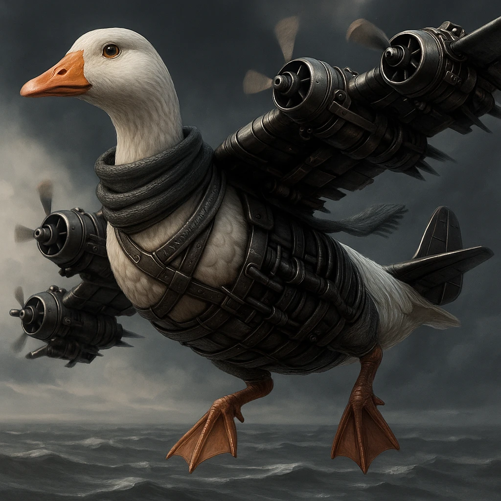 Make a subtle but clear change to the original image by adding a scarf to the mechanical goose. Keep the quality and style the same as the original. emoji