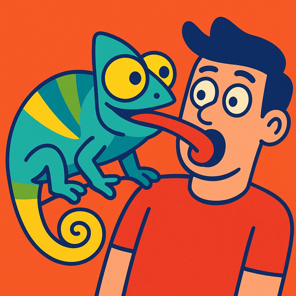 whimsical colorful illustration of a chameleon with bulging eyes licking a surprised person's face emoji