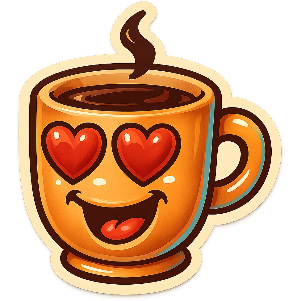 coffee cup creature, big heart eyes, dopey smile emoji