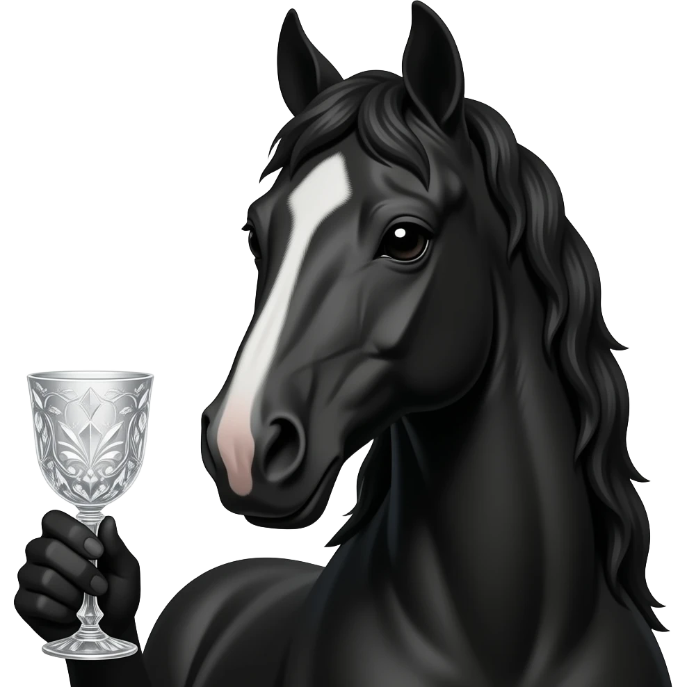 a black horse front view with half body close up holding drink emoji