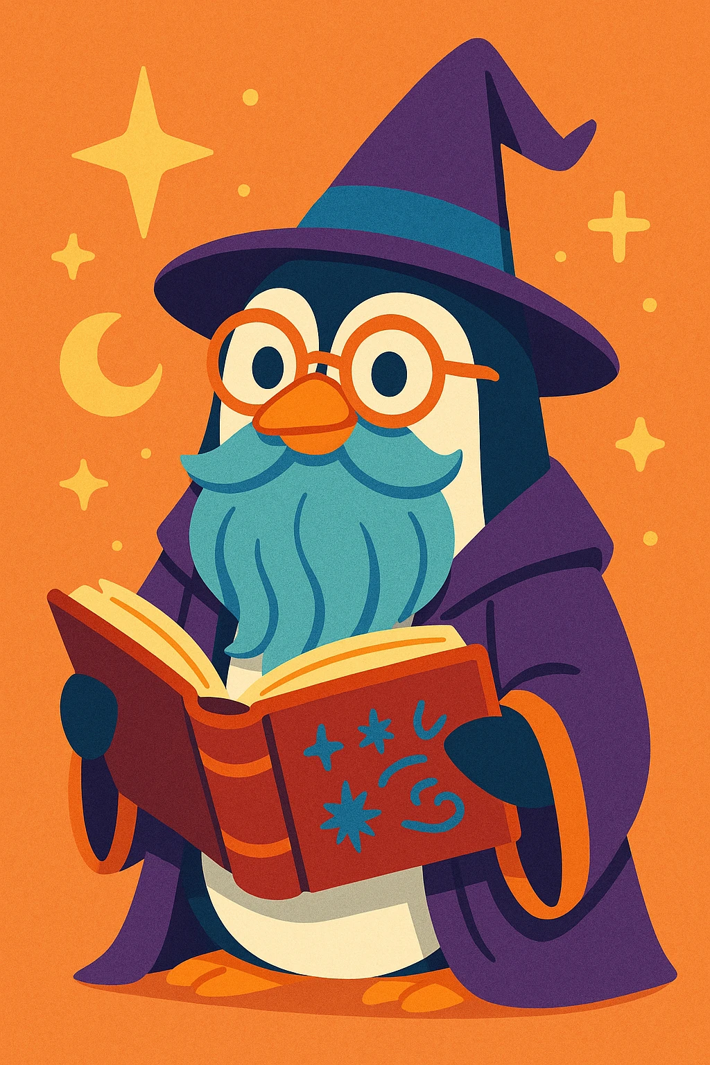 a wise penguin wizard with glasses, a long beard, and a book of spells, in a whimsical illustration style emoji