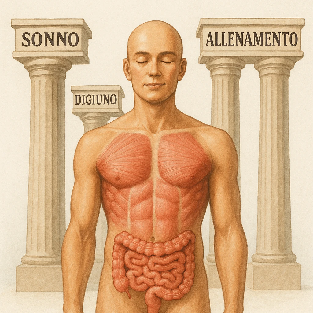 5 pilastri con le scritte "SONNO", "DIGIUNO", "ALLENAMENTO", "INTESTINO", DAVANTI UN CORPO UMANO ANATOMICO CON OCCHI CHIUSI IN SALUTE, SFONDO CHIARO emoji