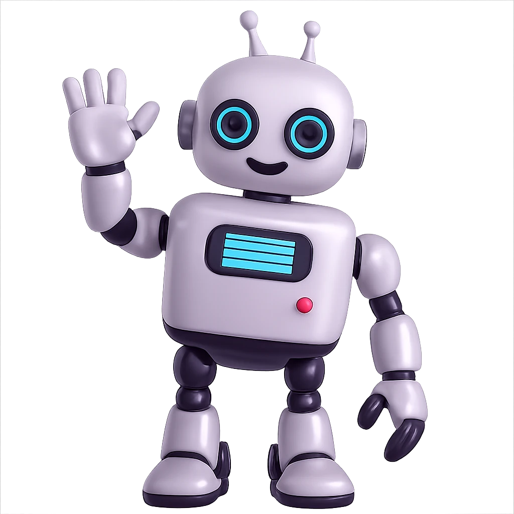 Make the charming, smiling robot with a shiny finish wave. The original style is 3D emoji style with a shiny, fluent, plastic look. Keep the 3D emoji style look while making the robot wave and remove the background. emoji