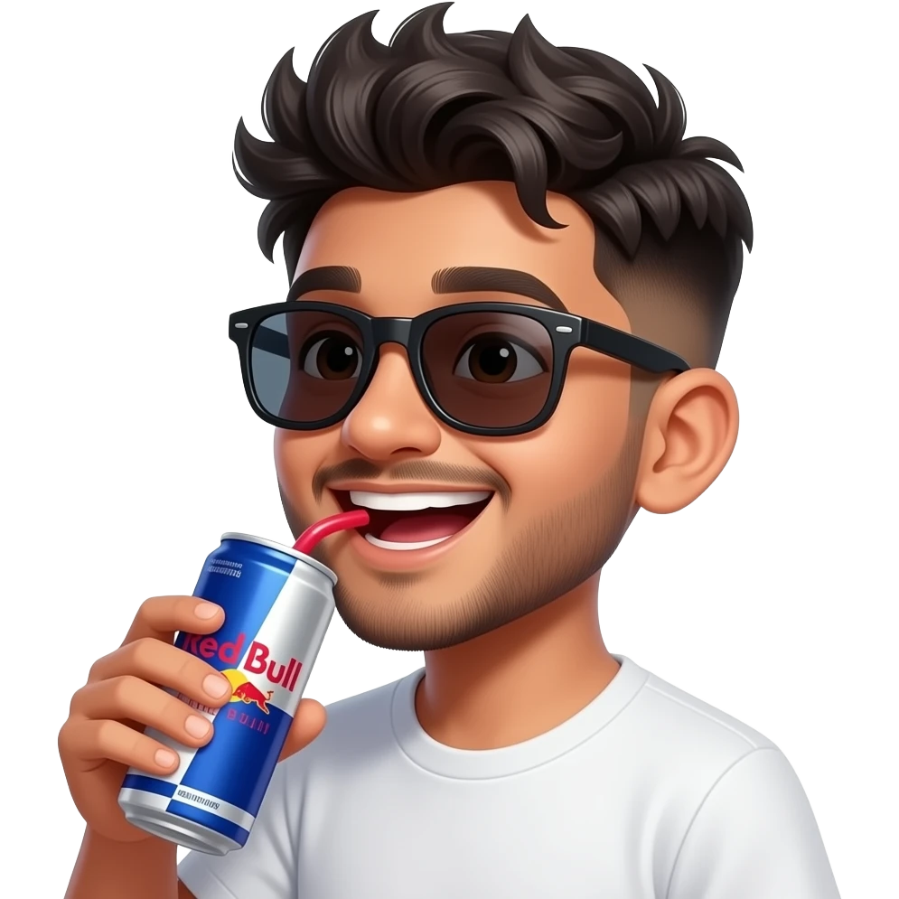 Indian boy giggling, young, late teens, with light trimmed beard, side fades with messy spikes hairstyle, drinking red watermelon Red Bull with big wayfarers emoji