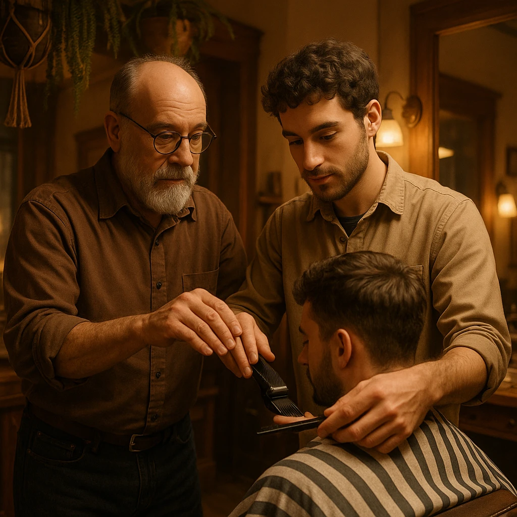 Inside a cozy barbershop with soft lighting, an experienced barber gently teaches his apprentice, guiding his hands as they cut hair together. The room is filled with warmth, plants hanging from the ceiling, and the hum of clippers emoji