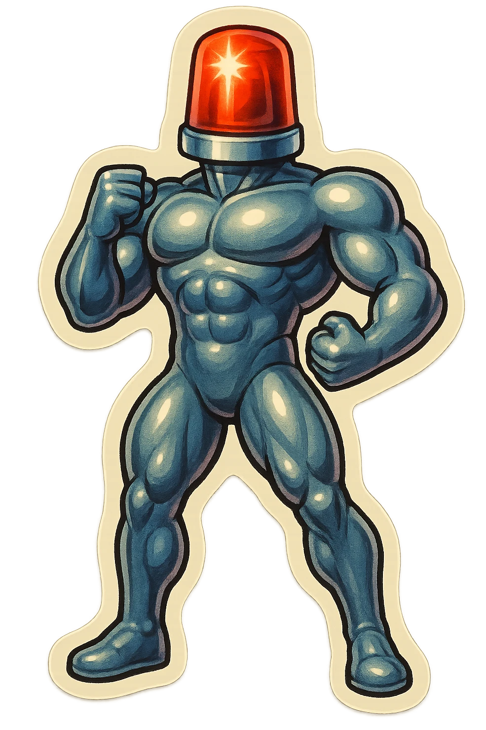 shiny muscular robot with a red police light head, standing in a heroic pose emoji